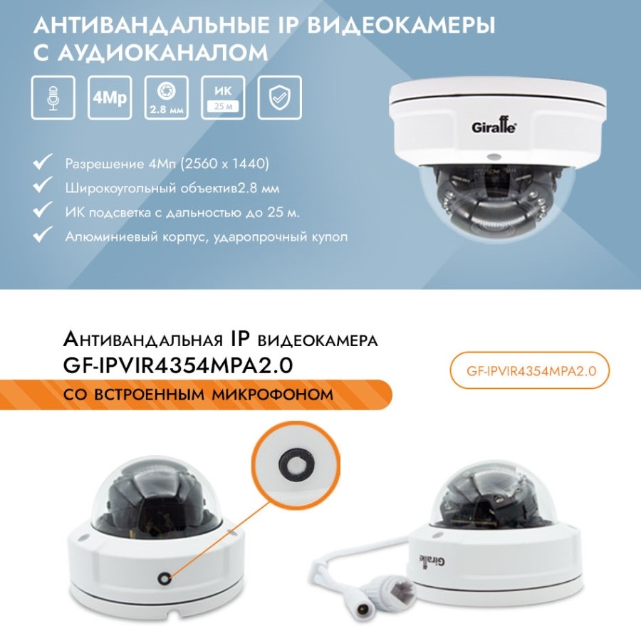 Антивандальная IP видеокамера со Встроенным Микрофоном  GF-IPVIR4354MPA2.0